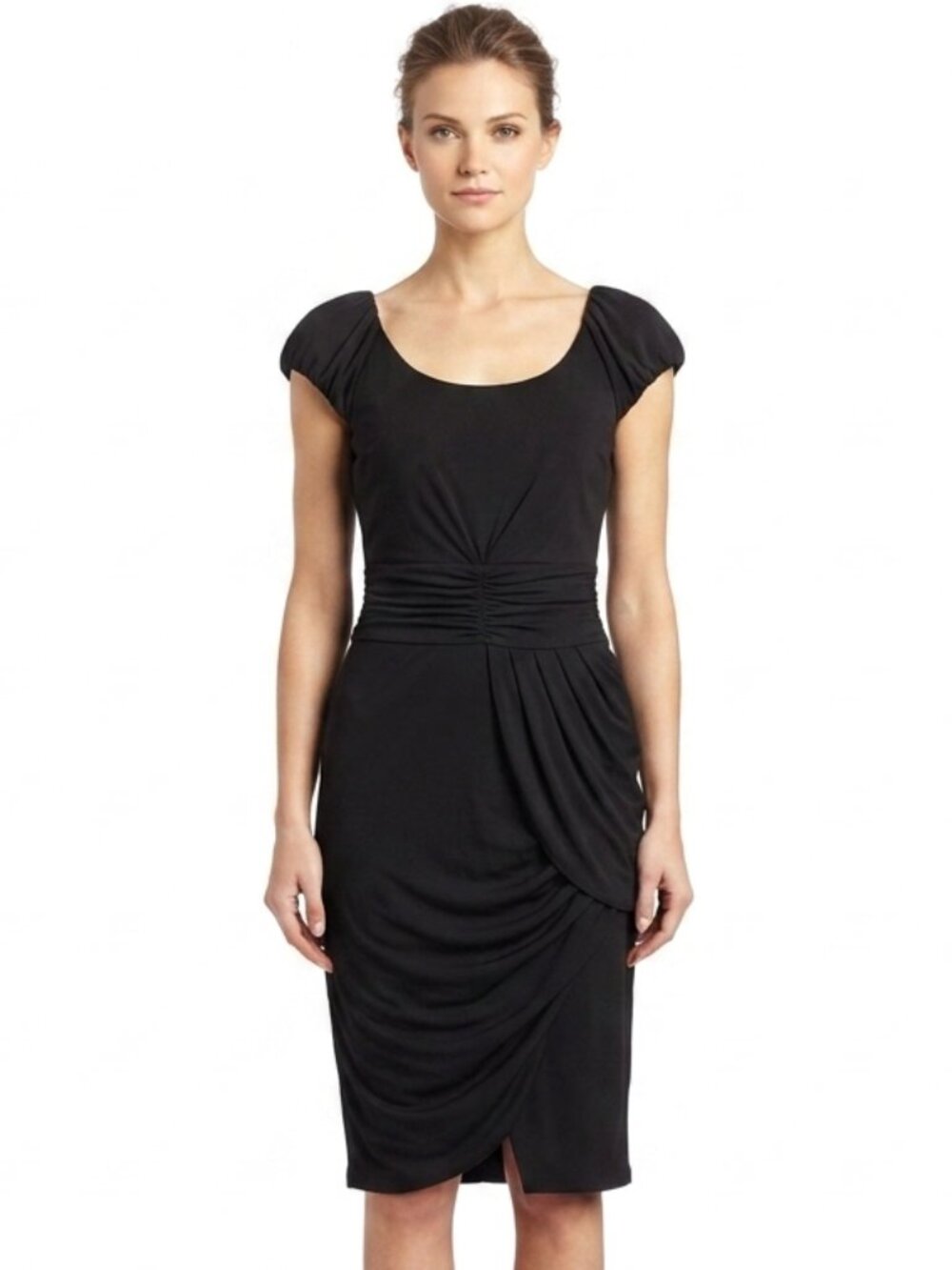 Black Halo Cap Sleeve Stretch Drape Front Cocktail Dress- Sz. Sm